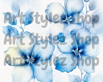 Clipart di fiori astratti azzurri, stampa floreale ad acquerello (download digitale)