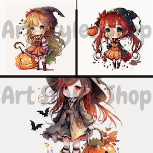 21 High Quality Designs Halloween Chibi Anime Girls Clipart 20 PNGs - Digital Print, Watercolor, Wall Art, Commercial Use Digital Download