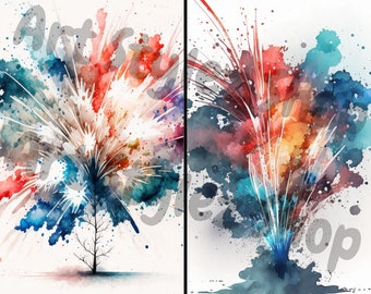 Watercolor Fireworks Clipart, July 4th Designs (Digital Download)