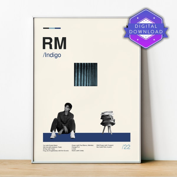 RM Indigo BTS Inspired Digital Art Print - Kpop, Art, Minimalist, Graphic, Mid Century Modern, Vintage Style, Retro Home, Poster