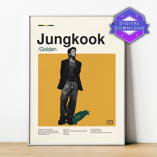 Jungkook Golden BTS Inspired Digital Art Print - Kpop, Art, Minimalist, Graphic, Mid Century Modern, Vintage Style, Retro Home, Poster