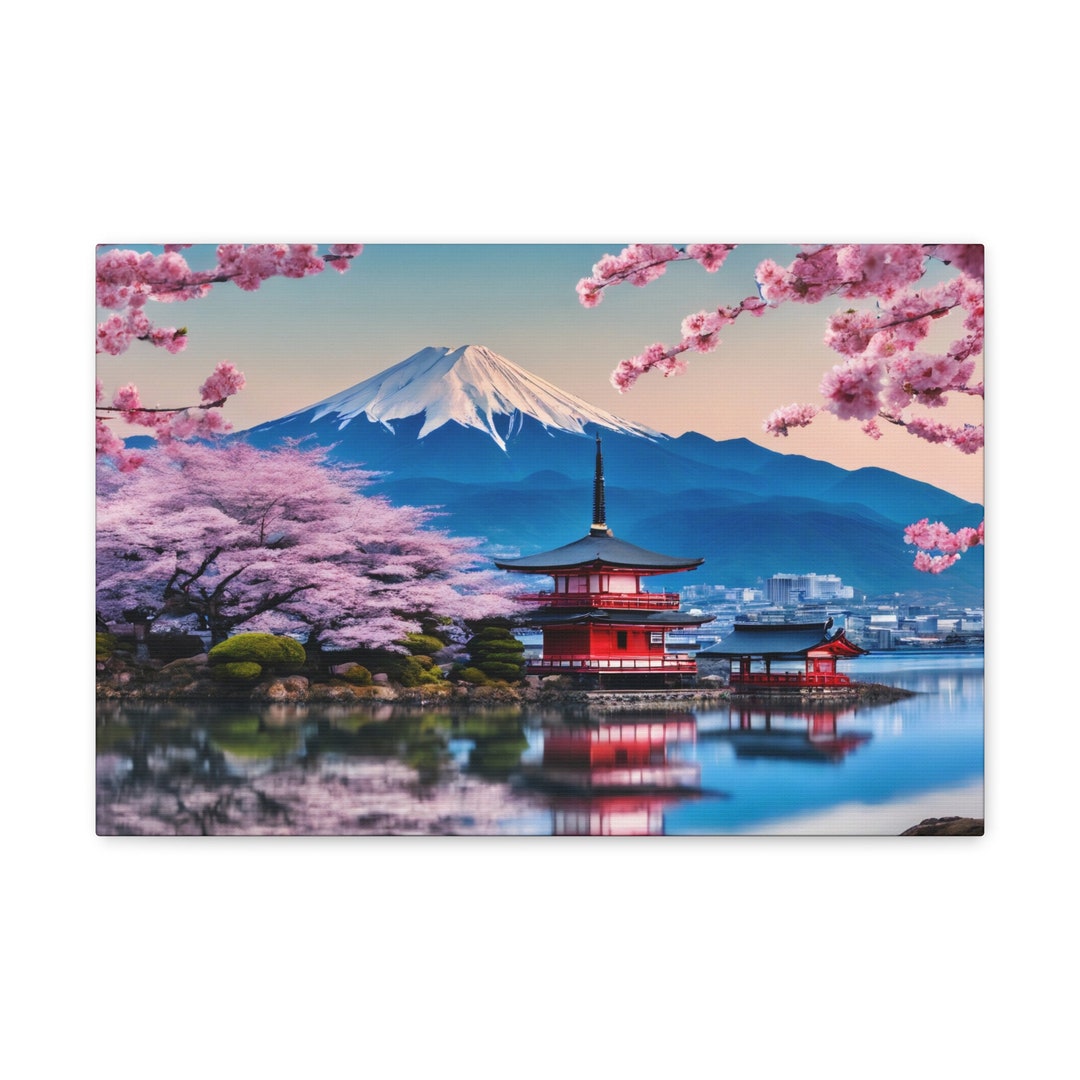 Japanese Cherry Blossom Sakura Artwork Canvas Mount Fuji Temple Wall ...