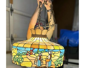 1930s American Leaded Stained Glass Chandelier