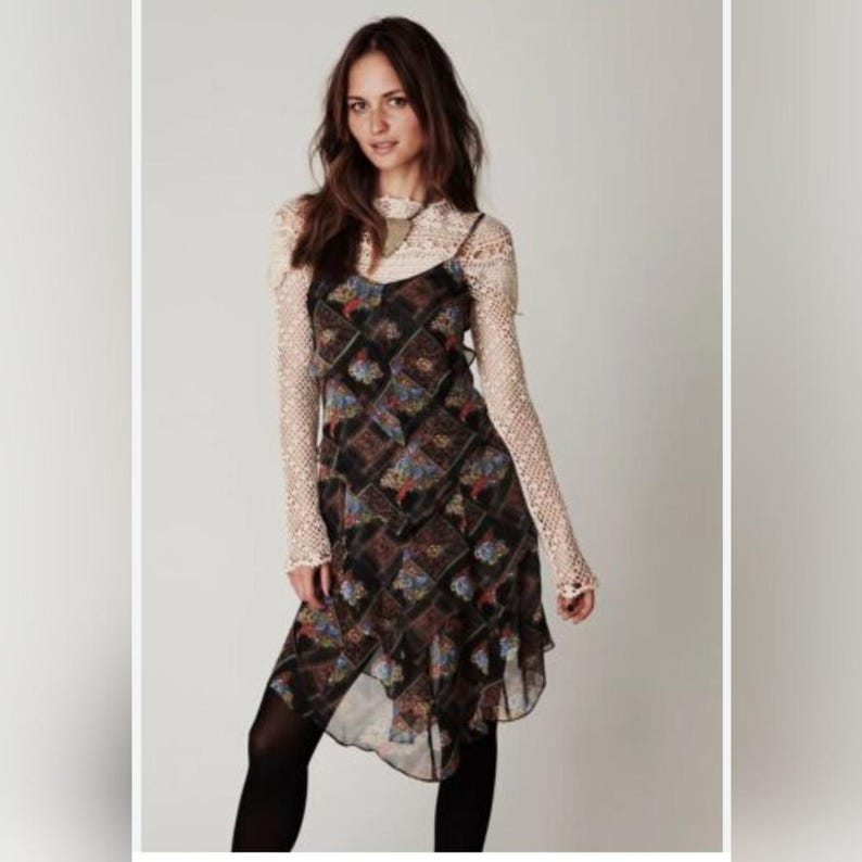 Free people tiered chiffon dress adjustable spaghetti straps size 4 black-brown image 2