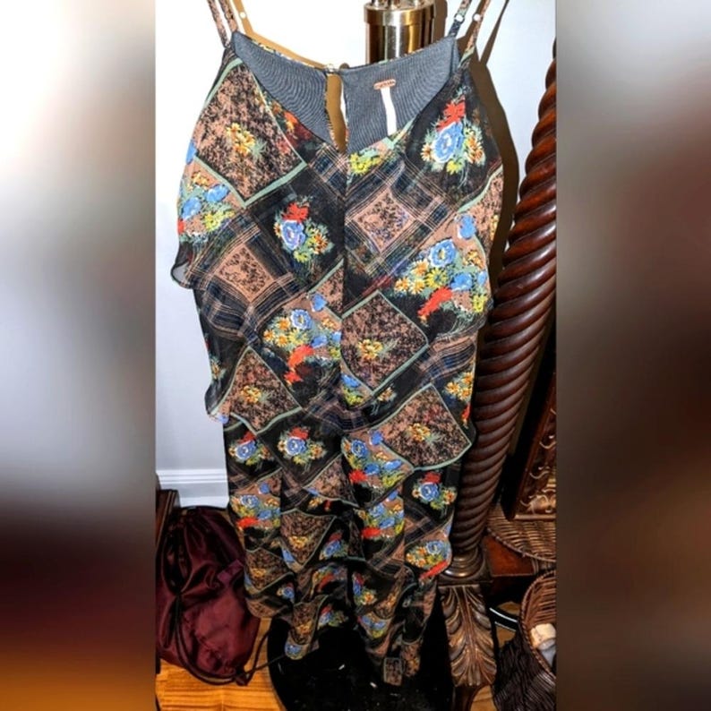 Free people tiered chiffon dress adjustable spaghetti straps size 4 black-brown image 3