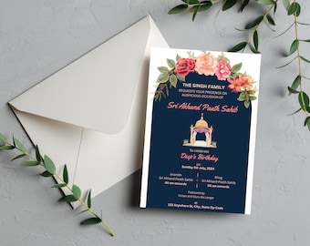 Sri Akhand Paath Sahib digital inbjudningsmall | Sikh Elegance, redigerbar och omedelbar nedladdning