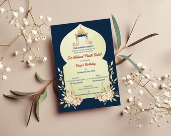Sri Akhand Paath Sahib digital inbjudningsmall | Sikh Elegance, redigerbar och omedelbar nedladdning