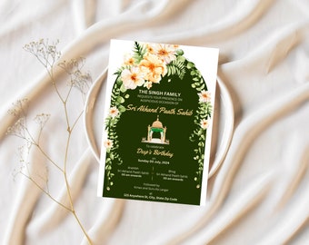 Sri Akhand Paath Sahib digital inbjudningsmall | Sikh Elegance, redigerbar och omedelbar nedladdning