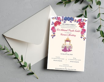 Sri Akhand Paath Sahib digital inbjudningsmall | Sikh Elegance, redigerbar och omedelbar nedladdning