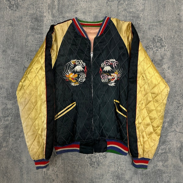 Vintage 50s Sukajan Japanese Souvenir Reversible Satin Jacket/Tiger and Dragon Embroidered
