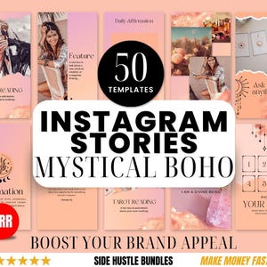 50 mystieke boho-instagramverhalen | Bewerkbare canvassjablonen | MRR van PLR voor tarot, hekserij, meditatie en kleine bedrijven. Doe het zelf.