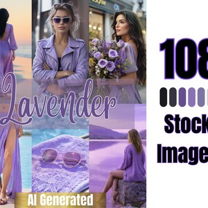 Könnte beinhalten: Eine Sammlung von 108 KI-generierten Stockbildern mit einem Lavendel-Farbthema. Die Bilder zeigen eine Frau in einem Lavendelkleid, eine Frau in einer Lavendeljacke, eine Frau in einem Lavendelkleid, eine Frau in einem Lavendelkleid und eine Frau in einem Lavendelkleid. Die Bilder sind alle von hoher Qualität und perfekt für den Einsatz in einer Vielzahl von Projekten.