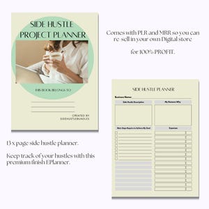May include: A green and white printable planner with the text "Side Hustle Project Planner" and "Side Hustle Planner". The planner includes sections for business name, side hustle description, reasons why, main steps to achieve a goal, and expenses. The planner is designed to help people track their side hustles.
