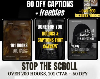 May include: A digital marketing product bundle with a black background and yellow text. The product includes 101 hooks, 101 CTAs, 60 done-for-you captions, and over 900 faceless videos. The text "Stop the Scroll" is in large, bold letters. The text "Over 200 Hooks, 101 CTAs + 60 DFY Captions" is in smaller, bold letters. The text "MRR & PLR - resell 100% PROFIT." is in even smaller, bold letters.