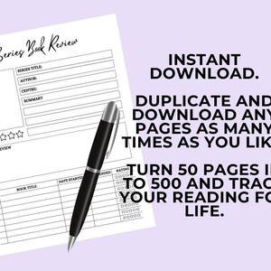 May include: A black and white printable book tracker with the text "Series Book Review" at the top. The tracker has sections for series title, author, centre, summary, series review, book title, date started, ended, and rating. The tracker is designed to help you track your reading progress.