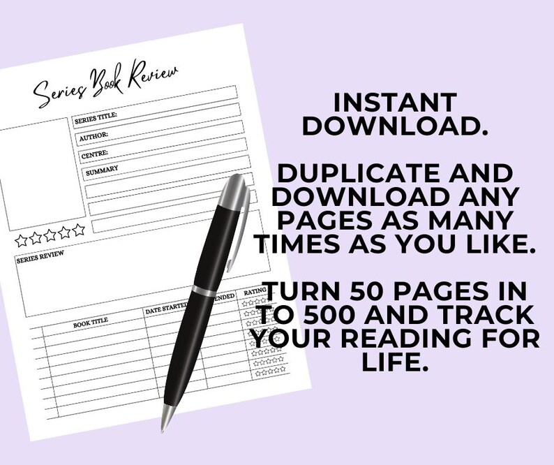 May include: A black and white printable book tracker with the text "Series Book Review" at the top. The tracker has sections for series title, author, centre, summary, series review, book title, date started, ended, and rating. The tracker is designed to help you track your reading progress.