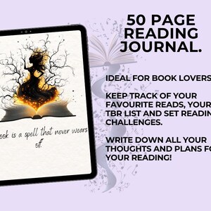 May include: A digital illustration of a woman standing in a glowing book with the text "A book is a spell that never wears off."  The image is a cover for a 50 page reading journal. The text on the cover reads "50 Page Reading Journal. Ideal for book lovers. Keep track of your favorite reads, your TBR list and set reading challenges. Write down all your thoughts and plans for your reading!"