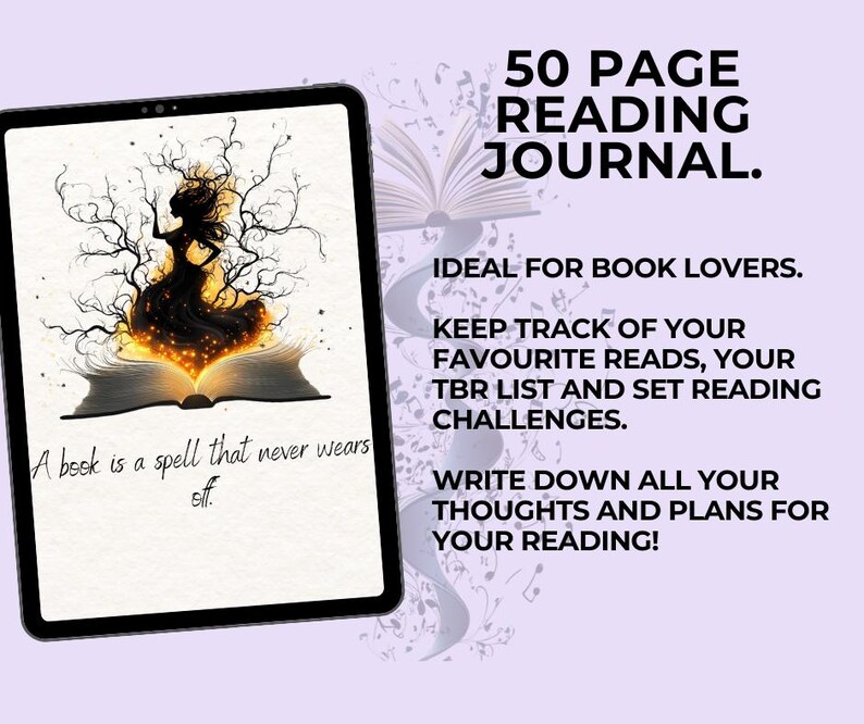 May include: A digital illustration of a woman standing in a glowing book with the text "A book is a spell that never wears off."  The image is a cover for a 50 page reading journal. The text on the cover reads "50 Page Reading Journal. Ideal for book lovers. Keep track of your favorite reads, your TBR list and set reading challenges. Write down all your thoughts and plans for your reading!"