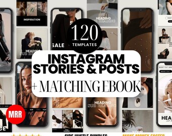 Könnte beinhalten: Eine Collage aus 120 Instagram-Story- und Post-Vorlagen mit einem passenden E-Book. Die Vorlagen bieten eine Vielzahl von Stilen, darunter minimalistisch, modern und trendy. Der Text "120 Vorlagen" ist in einer großen, fetten Schrift. Der Text "Instagram Stories & Posts + Matching Ebook" ist in einer großen, fetten Schrift. Der Text "Side Hustle Bundles" ist in einer kleineren Schrift. Der Text "Make Money Faster" ist in einer kleineren Schrift.