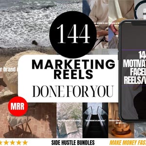 May include: A collage of images promoting 144 marketing reels and 144 motivational faceless reels/videos. The text "Done for you" is featured in large white letters on a black background. The text "Side Hustle Bundles" and "Make Money Faster" are also featured in the image.