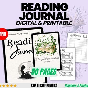 May include: A digital and printable reading journal with 50 pages. The cover features a silhouette of a person reading a book with a quote that says "In the quiet of pages, adventures whisper".