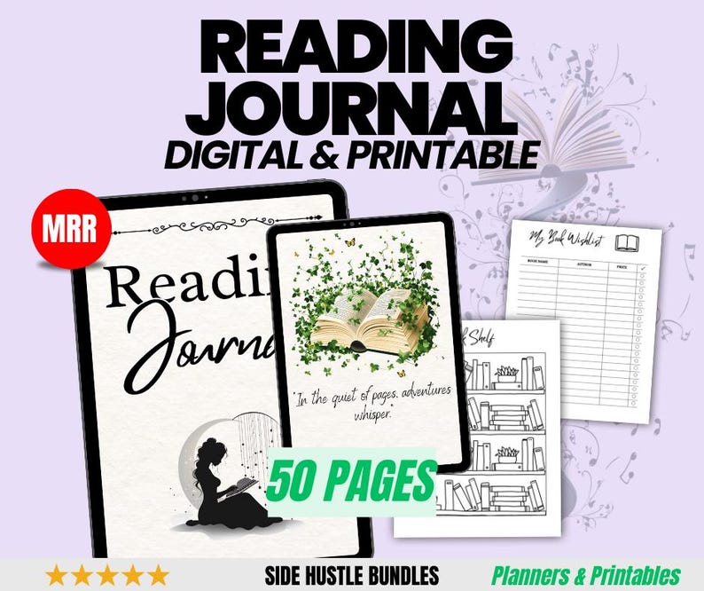 May include: A digital and printable reading journal with 50 pages. The cover features a silhouette of a person reading a book with a quote that says "In the quiet of pages, adventures whisper".