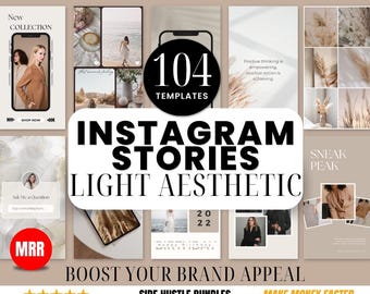 104 Instagram Stories for Female Entrepreneurs | PLR DFY MRR | Faceless Marketing, Passive Income, Make Money Online, light aesthetic