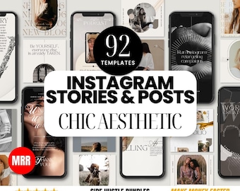 Könnte beinhalten: Eine Collage aus 92 Instagram-Story- und -Post-Vorlagen im schicken Stil. Die Vorlagen bieten eine Vielzahl von Designs, darunter minimalistische, moderne und trendige Stile. Der Text "Instagram Stories & Posts" und "Chic Aesthetic" wird in fetter, weißer Schrift auf schwarzem Hintergrund angezeigt.