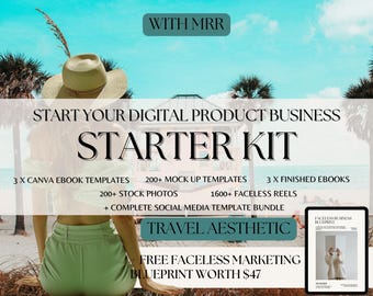 May include: A digital product business starter kit with a travel aesthetic theme. The kit includes Canva ebook templates, mock-up templates, stock photos, faceless reels, and a complete social media template bundle. It also includes a free faceless marketing blueprint. The image features a woman wearing a hat and a green skirt, standing in front of a beach scene.