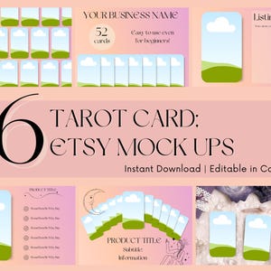 6 x anpassbare Tarotkarten Mock-Ups | Bearbeitbar in Canva | Celestial/Boho/Dusty Rose Thema | PLR & MRR enthalten | Sofort Lieferbar