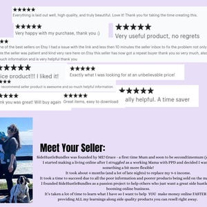 May include: A collage of positive customer reviews for an Etsy shop called Side Hustle Bundles. The reviews praise the seller's products and customer service. The seller's bio is also included, describing their journey as a stay-at-home mom who started an online business to help others.