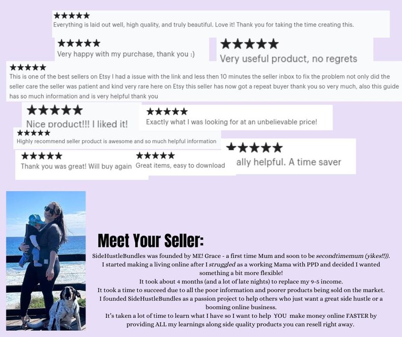 May include: A collage of positive customer reviews for an Etsy shop called Side Hustle Bundles. The reviews praise the seller's products and customer service. The seller's bio is also included, describing their journey as a stay-at-home mom who started an online business to help others.
