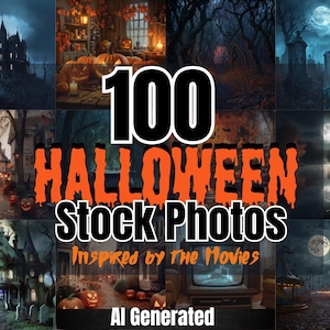 May include: A collage of 100 AI-generated Halloween stock photos inspired by movies. The images feature spooky houses, dark forests, graveyards, and pumpkins.