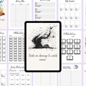 May include: A digital planner with a black and white illustration of a book with pages flying out. The text "Books are doorways to worlds unseen" is written below the illustration. The planner includes pages for reading notes, a reading challenge, a yearly reading goal tracker, a book wishlist, and a library log.