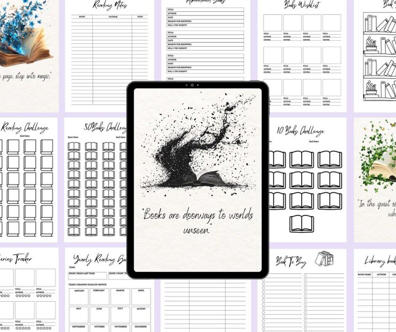 May include: A digital planner with a black and white illustration of a book with pages flying out. The text "Books are doorways to worlds unseen" is written below the illustration. The planner includes pages for reading notes, a reading challenge, a yearly reading goal tracker, a book wishlist, and a library log.