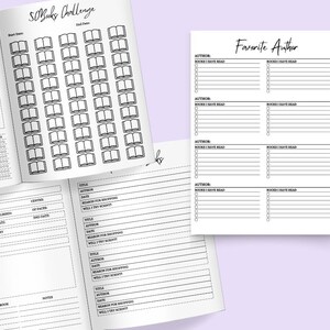 May include: A printable book tracker with a checklist for 50 books, a section for favorite authors, and a page for logging book details. The tracker includes sections for title, author, date, rating, summary, and notes.
