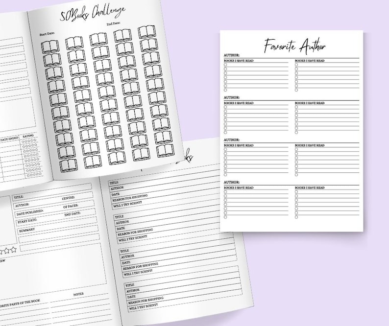 May include: A printable book tracker with a checklist for 50 books, a section for favorite authors, and a page for logging book details. The tracker includes sections for title, author, date, rating, summary, and notes.