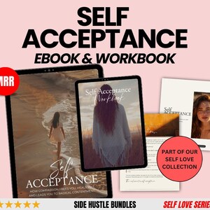 Può includere: Un pacchetto di prodotti digitali che include un ebook e un quaderno di lavoro intitolato "Self Acceptance: How Compassion Frees You, Heals You and Leads You to Radical Contentment". L'immagine di copertina mostra una donna che cammina su una spiaggia. Il pacchetto fa parte di una "Self Love Collection" e di una "Self Love Series".
