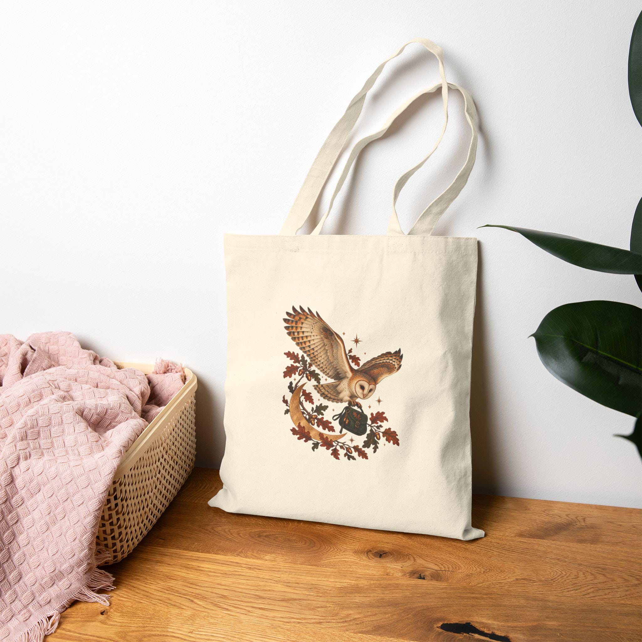 Barn Owl Moon Canvas Tote Bag, Autumn Botanical Carryall