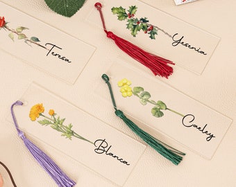 Personalized Birth Flower Bookmark, Custom Floral Bookmark for Women, Acrylic Bookmark Gift, Name Bookmark, Aesthetic Bookmark with Tassel