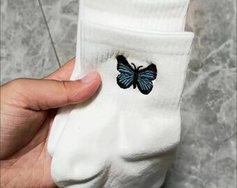 Blue embroidered butterfly cartoon cotton white socks