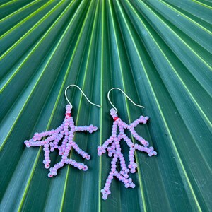 pink coral-inspired fringe earrings made with delicate seed beads