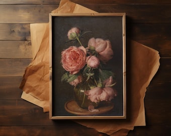 Moody Pink Peonies Wall Art, Vintage Floral Print, Botanical Bedroom Decor, Dark Cottagecore Flower Poster Aesthetic