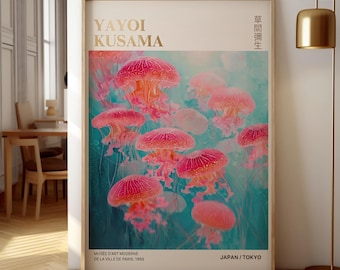 Pastel Pink Jellyfish Poster, Vintage Exhibition Print, Ocean Wall Art, Japanese Marine Decor, Coastal Japandi Art, Ethereal Aquatic Print
