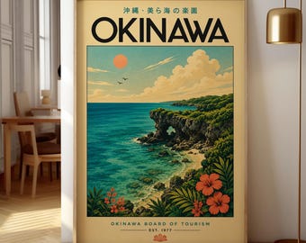 Okinawa Japan Travel Poster, Vintage Coastal Wall Art, Retro Tropical Beach Print, Japanese Ocean Decor, Island Paradise Art
