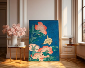Hokusai Canary Peony Print, Japanese Bird Flower Wall Art, Ukiyo-e Botanical Poster, Japandi Nature Home Decor