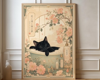 Black Cat Bathroom Print, Cat in Bathtub Wall Art, Vintage Japanese Floral Poster, Funny Bathroom Decor, Cat Lover Gift