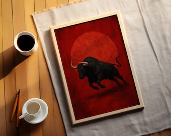 Charging Black Bull Red Moon Print, Vintage Spanish Bull Wall Art, Dark Academia Animal Poster, Bold Maximalist Decor