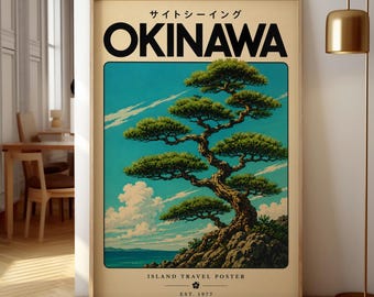 Okinawa Japan Travel Poster, Vintage Pine Tree Wall Art, Retro Coastal Print, Japanese Nature Decor, Island Sightseeing Art