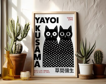 Polka Dot Black Cat Poster, Japanese Minimalist Exhibition Print, Modern Tokyo Museum Wall Art, Quirky Pop Art Decor, Black and White Feline